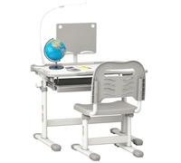 HOMCOM Ensemble chaise et bureau pour enfants avec lampe LED, hauteur réglable, table et chaise d'étude pour enfants, plateau incliné, support de lecture, boîte à stylos, tiroir et porte-gobelet, gris