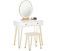 HOMCOM Coiffeuse Table de Maquillage Moderne - Miroir LED réglable intégré - Tabouret Inclus - Pied en métal doré - 2 tiroirs + 1 Organisateur Blanc
