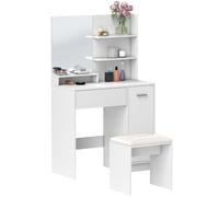 HOMCOM Ensemble Coiffeuse Table de Maquillage 80l x 40P x 132H cm Blanc | Avec Miroir et Tabouret, Tiroir, Armoire de Rangement, Étagère Réglable, pour la Chambre à Coucher