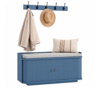 HOMCOM Ensemble d’entrée avec Meuble à Chaussures et portemanteau, Bleu | 5 crochets, meuble de rangement d’entrée, coussin amovible, étagères réglables, porte coulissante