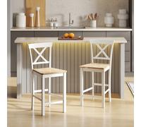 HOMCOM Ensemble de 2 tabourets de bar avec dossier et repose-pied en bois de caoutchouc, pour cuisine, salle à manger, bar, Chêne+Blanc