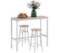 Ensemble 2 places 3 pièces design contemporain - table de bar, 2 tabourets de bar - acier blanc aspect bois blanc