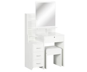 HOMCOM Ensemble de coiffeuse avec tabouret rembourré grand miroir + plusieurs étagères ouvertes + 4 tiroirs blanc