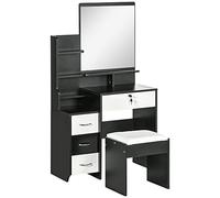 HomCom – Ensemble coiffeuse en bois avec tabouret rembourré, grand miroir & 4 tiroirs – blanc/noir