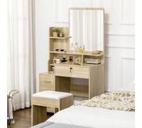 HOMCOM Ensemble de coiffeuse table de maquillage avec tabouret rembourré grand miroir + plusieurs étagères ouvertes + 4 tiroirs blanc Description:Cet ensemble de coiffeuse, de HOMCOM, reprend la défin