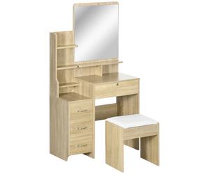 HOMCOM Ensemble de coiffeuse table de maquillage avec tabouret rembourré grand miroir + plusieurs étagères ouvertes + 4 tiroirs bois naturel