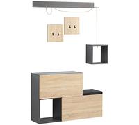 HOMCOM Ensemble de Meuble d'entrée avec Banc à Chaussures, Meuble à Chaussures, 4 patères et étagère pour l'entrée, Noir et Naturel