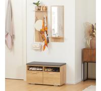 Ensemble de meuble d'entrée - vestiaire d'entrée 3 en 1 - miroir, porte-manteau, banc à chaussures - aspect bois clair gris
