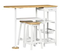 HOMCOM Ensemble de meubles avec 1 tiroir, 2 étagères, panier amovible et porte-bouteilles avec table haute de 119 x 38,5 x 88,5 cm et 2 tabourets de 29 x 29 x 55 cm pour salle à manger cuisine Blanc
