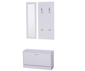 HOMCOM Ensemble de Meubles d’Entrée Vestiaire 3 en 1 Multifonction Meuble Chaussures Miroir et Panneau Porte-Manteau Blanc