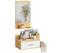 HOMCOM Ensemble de meubles de salle de bain mural avec miroir et rangement Miroir avec tiroir et 2 étagères ouvertes Bois naturel