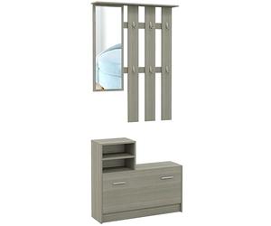 HOMCOM Ensemble de Meubles d'entrée 4-en-1 avec Porte-Manteau, Miroir, Banc avec étagère et Meuble à Chaussures pour 8 Paires de Chaussures, Gris