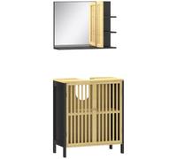 HOMCOM Ensemble de Rangement de Salle de Bain 2 Portes Noir et Naturel | Miroir Mural à Étagères, Meuble sous Vasque, Étagère Réglable, Design Peu Encombrant, pour Salle de Bain