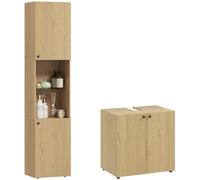 HOMCOM Ensemble de Rangement de Salle de Bain Meuble sous Lavabo Chêne | Meuble Colonne, Étagères Réglables, Portes Ondulées, Style Scandinave, pour Petits Espaces