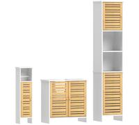 HOMCOM Ensemble de Rangement Salle de Bain Compact Blanc et Bois Naturel | avec Colonne, Meuble sous Vasque, Meuble Porte-Papier Toilette, Étagères Réglables, Gain de Place, Style Moderne