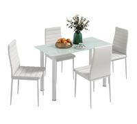 HOMCOM Ensemble de Table à Manger avec 4 chaises, Ensemble de Meubles 5 pièces de Cuisine, Plateau en Verre trempé, Pieds en Acier, Blanc