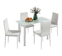HOMCOM Ensemble de Table à Manger avec 4 chaises, Ensemble de Meubles 5 pièces de Cuisine, Plateau en Verre trempé, Pieds en Acier, Blanc