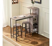 HOMCOM Ensemble de table de bar en 3 pièces avec rangement, porte-bouteilles de vin, porte-verres, tabourets avec repose-pieds, pour petits espaces, Gris