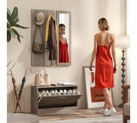 HOMCOM Ensemble d'Entrée 3 Pièces avec Meuble à Chaussures, Portemanteau et Miroir, en Bois et Verre, couleur Bois et Blanc