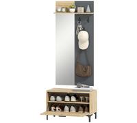 HOMCOM Ensemble d'entrée pour hall, banc à chaussures, miroir, 3 crochets, étagère ouverte, meuble d'entrée, Bois naturel+Gris
