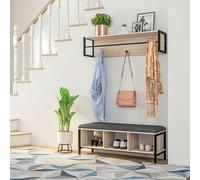 HOMCOM Ensemble meuble d'entrée 2-en-1 banc à chaussures avec 3 casier et porte-manteau mural 3 crochets et barre - coussin rembourrée - naturel et noir Description:Gardez vos manteaux, vêtements d'ex