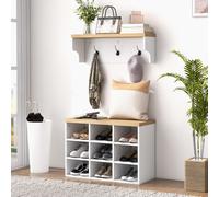 HOMCOM Ensemble meuble d'entrée 2-en-1 porte-manteau mural banc à chaussures 3 crochets et 9 niches 75x30x50cm blanc et chêne