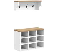 HOMCOM Ensemble Meuble d'entrée 2-en-1, Porte-Manteau Mural Banc à Chaussures, vestiaire, avec 3 Crochets et 9 niches, pour Salon, Chambre, entrée, Blanc et chêne