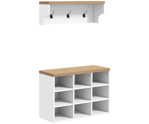 HOMCOM Ensemble Meuble d'entrée 2-en-1, Porte-Manteau Mural Banc à Chaussures, vestiaire, avec 3 Crochets et 9 niches, pour Salon, Chambre, entrée, Blanc et chêne