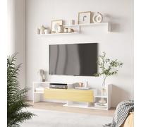 HOMCOM Ensemble meuble TV avec banc et étagère murale style contemporain 153,6L cm - blanc et bois naturel Descriptions Longues:Invitez vos amis à venir regarder votre film préféré un dimanche après-m