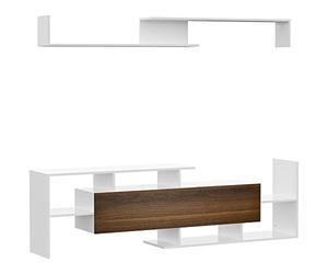 HOMCOM Ensemble Meuble TV avec Banc et étagère Murale Style Contemporain 153,6L cm - Blanc et Marron