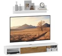 HOMCOM Ensemble Meuble TV Suspendu avec étagère Murale, Meuble télé Bois Mural avec étagères Ouverts, Porte Rabattable et Passe-câbles, Banc TV pour Salon Chambre, 120 x 24 x 16 cm, Blanc