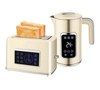 HOMCOM Ensemble petit-déjeuner avec écran LED tactile, bouilloire 1,7 L 2200 W, fonction chaleur constante, grille-pain à fentes larges pour 2 tranches, 6 niveaux de grillage, crème
