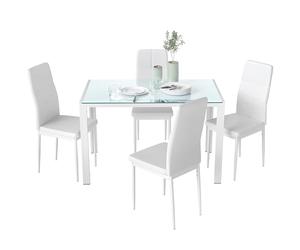 HOMCOM Ensemble Table à Manger avec 4 chaises, Table de Cuisine avec chaises en Cuir synthétique, Plateau rectangulaire en Verre trempé, Pieds en Acier, pour Petit Espace, Appartement, Bistro, Blanc