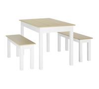Ensemble Table À Manger 3 Pièces Avec 2 Bancs Blanc Aspect Bois Clair Beige