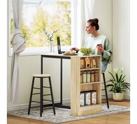 HOMCOM Ensemble table de bar avec tabourets, compartiments ouverts, étagère réglable et repose-pieds, chêne et noir