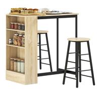 HOMCOM Ensemble Table de Bar avec tabourets, Table à Manger Debout avec 2 chaises de Bar avec Compartiments Ouverts, étagère réglable et Repose-Pieds, pour pour Salle à Manger, Cuisine, chêne et Noir