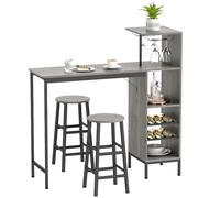 HOMCOM Ensemble Table de Bar avec tabourets, Table à Manger Debout avec 2 chaises de Bar Rond avec Repose-Pieds, avec étagères de Rangement, casiers à vin, Porte-Verres, Effet Bois Naturel