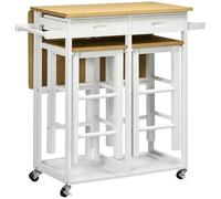 HOMCOM Ensemble Table de Bar Chariot de Cuisine Table de Cuisine Pliante roulettes + 2 tabourets Blanc et Bois Clair - 2 tiroirs et Porte-torchons