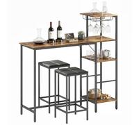 HOMCOM Ensemble Table de Bar et tabourets 3 pièces, Rustic Brown | Table à manger, Étagère 4 niveaux, Porte-verres, 2 Tabourets de bar PU, Repose-pieds, pour Cuisine, Salle à manger, Pub
