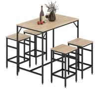 HomCom Table de bar industrielle +4 tabourets, repose-pieds bois chêne clair, cadre métal noir