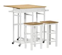HomCom Table de bar pliable avec 2 tabourets blanc/bois clair, 2 tiroirs, roulettes, porte-torchons