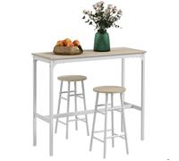 HOMCOM Ensemble table haute de bar + 2 tabourets structure en acier plateau aspect bois naturel 2 personnes blanc