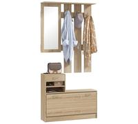 HOMCOM Ensembles 3 en 1 de Meuble d'entrée vestiaire avec Panneau Porte-Manteau, Miroir et Banc à Chaussures - 6 Crochets et étagère réglable, Effet Bois Naturel