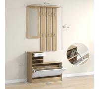 HOMCOM Ensembles 3 en 1 de meuble d'entrée vestiaire avec panneau porte-manteau, miroir et banc à chaussures - 6 crochets et étagère réglable, bois naturel et blanc Description:Ce superbe ensemble de