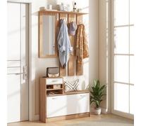 HOMCOM Ensembles 3 en 1 de meuble d'entrée vestiaire avec panneau porte-manteau, miroir et banc à chaussures - 6 crochets et étagère réglable, bois noyer et blanc Description:Ce superbe ensemble de me