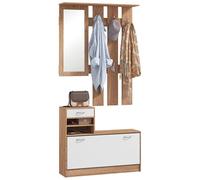 HOMCOM Ensembles 3 en 1 de Meuble d'entrée vestiaire avec Panneau Porte-Manteau, Miroir et Banc à Chaussures - 6 Crochets et étagère réglable, Bois Noyer et Blanc