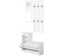 HomCom Meuble d'entrée Vestiaire 3-en-1 miroir, banc, 6 crochets, étagère réglable Blanc