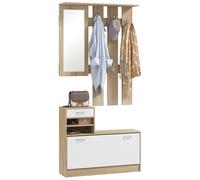 HomCom – Ensemble d'entrée design blanc effet bois clair – 3 en 1 miroir & banc, 6 crochets