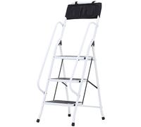 HOMCOM Escabeau Pliable 3 marches XL antidérapantes Double Garde Corps Hauteur Max. 1,31 m Charge Max. 150 Kg Pochette Outils intégrée Acier Blanc Noir