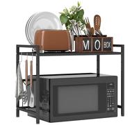 HOMCOM Étagère à Micro-Ondes Extensible à 2 Niveaux, Support pour Four à Micro-Ondes avec 3 Crochets et Cadre en métal, étagère de Rangement pour Cuisine, Bureau, Noir